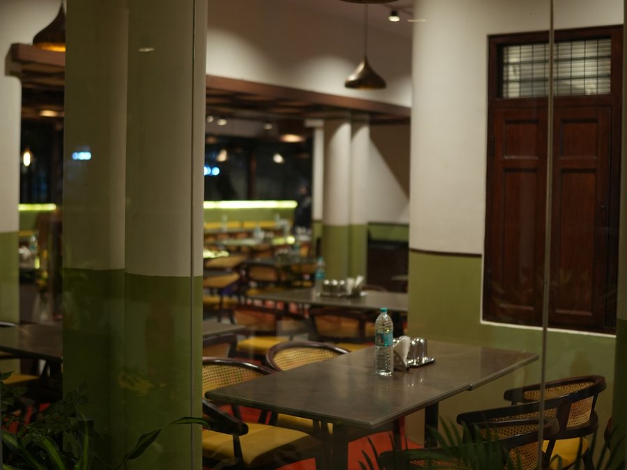 Columns with a green dado, an old timber door and planting